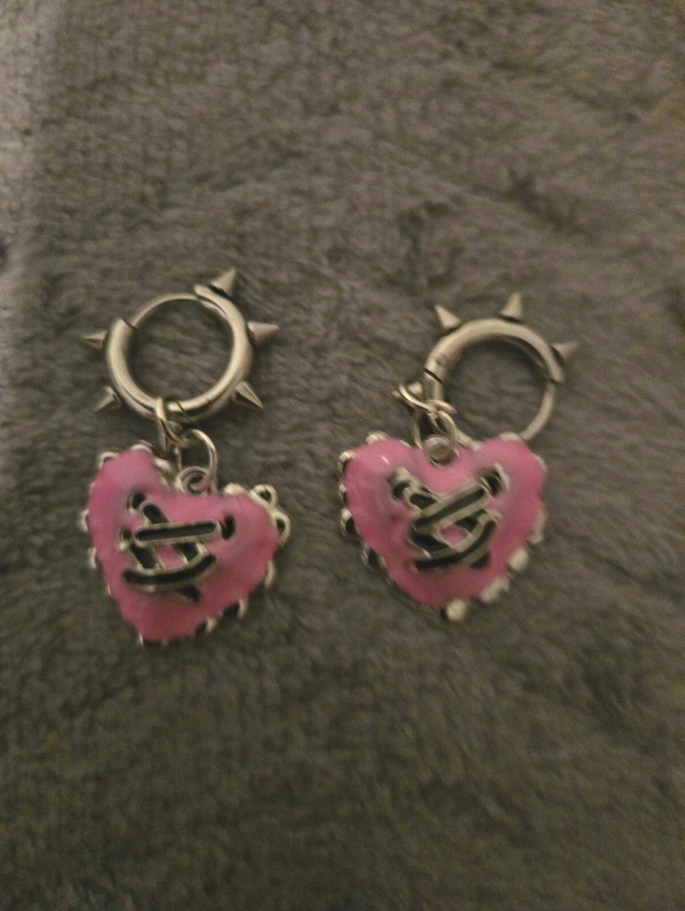 Pink Heart Shaped Hoop Earrings with Spiked Silver Accents Nwot
